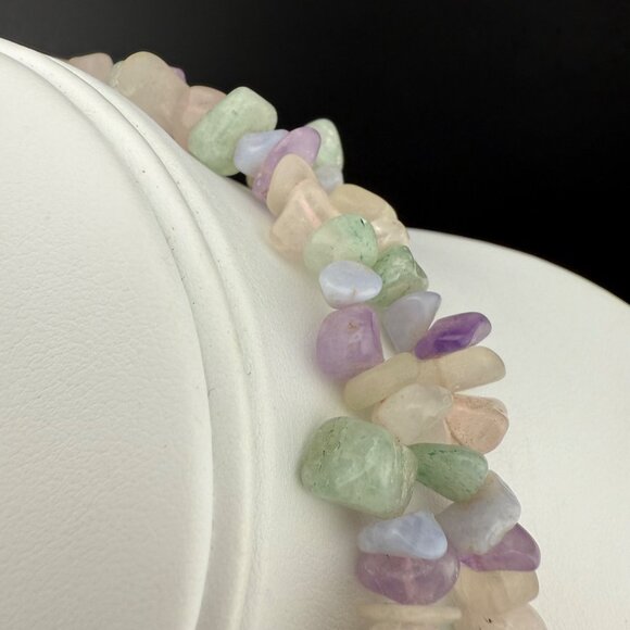 Multi-Gemstone Chip Beaded Long Strand Necklace Pastel Colors Green Pink & Laven - Picture 5 of 7